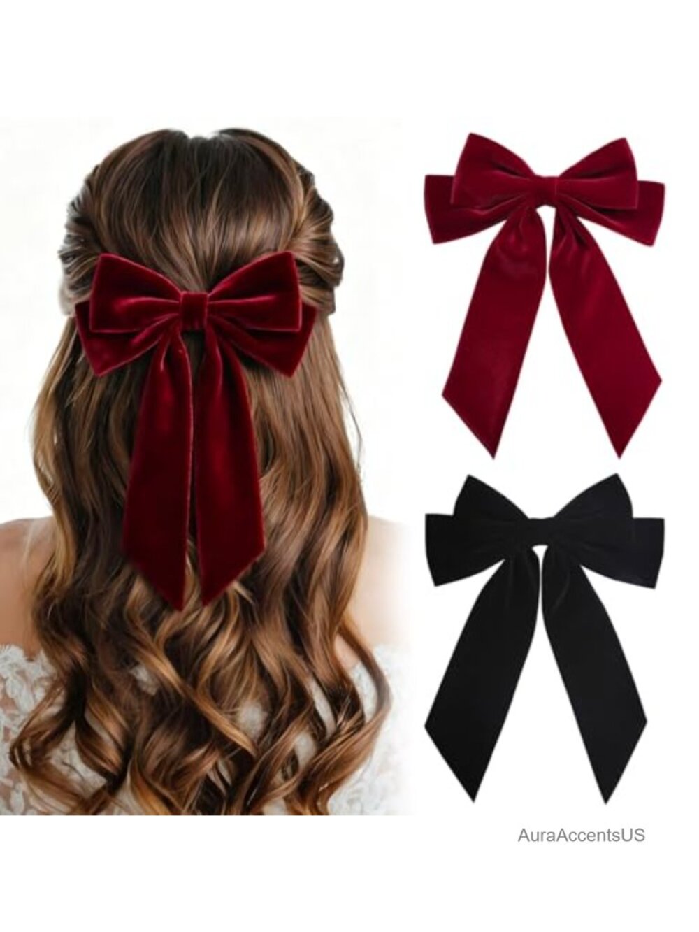 2PCS Velvet Bow Hair Clip Ribbon Accessories for Women Girls